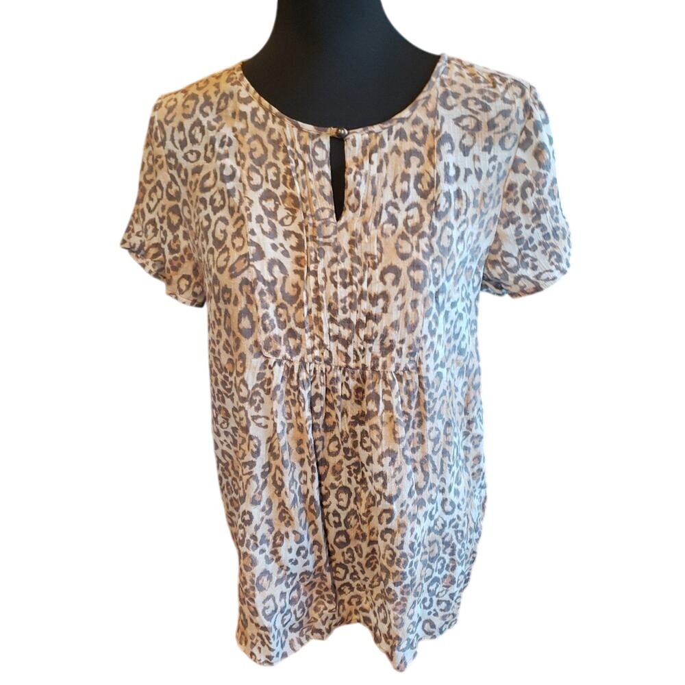 Christopher & Banks Leopard‎ Print Short Sleeve Pleated Blouse Brown Tan Medium